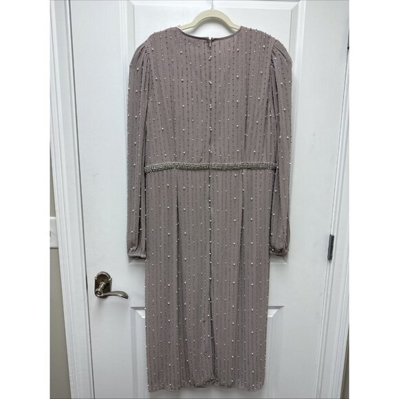 New MAC DUGGAL Size 18 Purple 93622  Puff Long Sleeve Beaded Midi Cocktail Dress - Picture 7 of 12